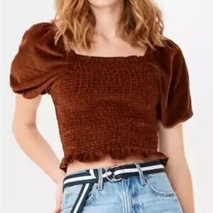 American Eagle Smocked Corduroy Crop Top in Brown Size Large Cotton